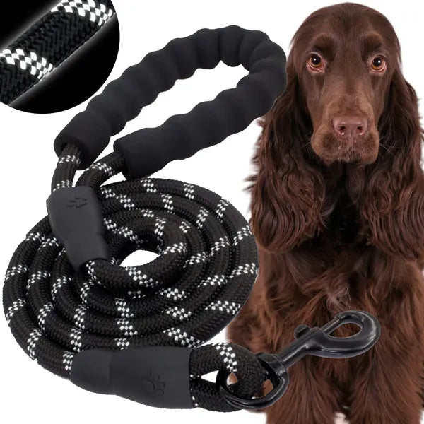 Nylon kutyapóráz 5 m, fényvisszaverő, nagytestű kutyáknak 50 kg-ig, fekete-fehér