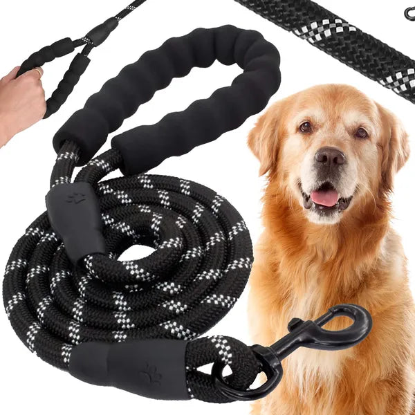 Nylon kutyapóráz 5 m, fényvisszaverő, nagytestű kutyáknak 50 kg-ig, fekete-fehér