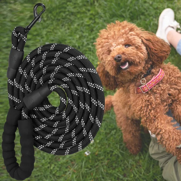 Nylon kutyapóráz 5 m, fényvisszaverő, nagytestű kutyáknak 50 kg-ig, fekete-fehér