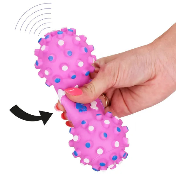 PVC sípoló kutyajáték tüskés labdával, 16 cm, rózsaszín/kék/fehér