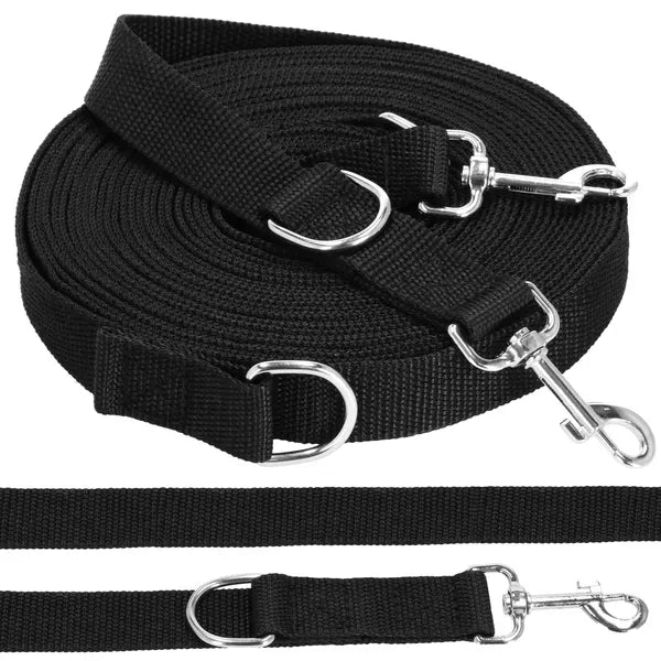 Fekete nylon kutyapóráz, 10 m, két karabinerrel és D-gyűrűkkel