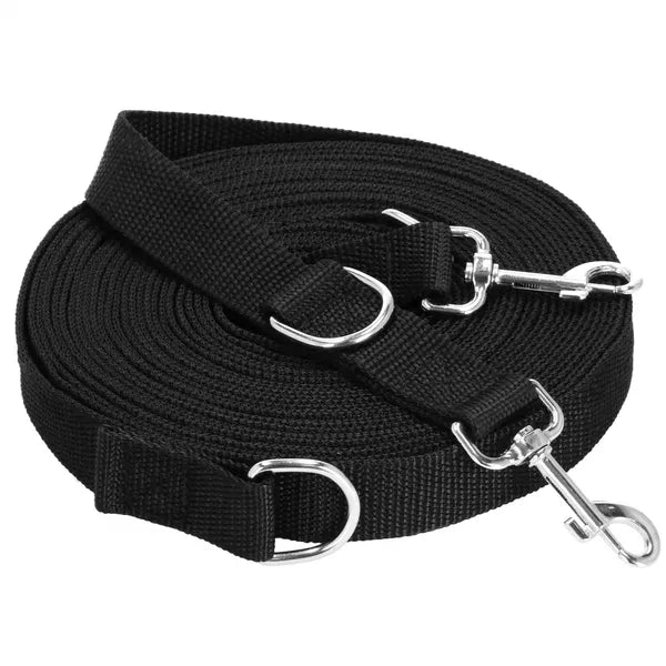 Fekete nylon kutyapóráz, 10 m, két karabinerrel és D-gyűrűkkel