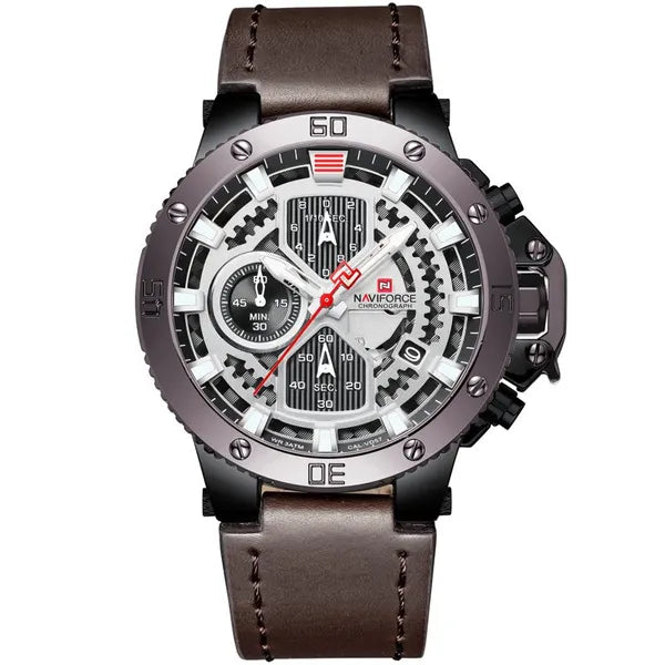 Naviforce férfi kronográf karóra, quartz, bőrszíj, fekete tok, WR30
