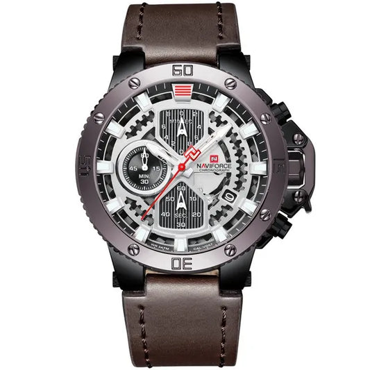 Naviforce férfi kronográf karóra, quartz, bőrszíj, fekete tok, WR30