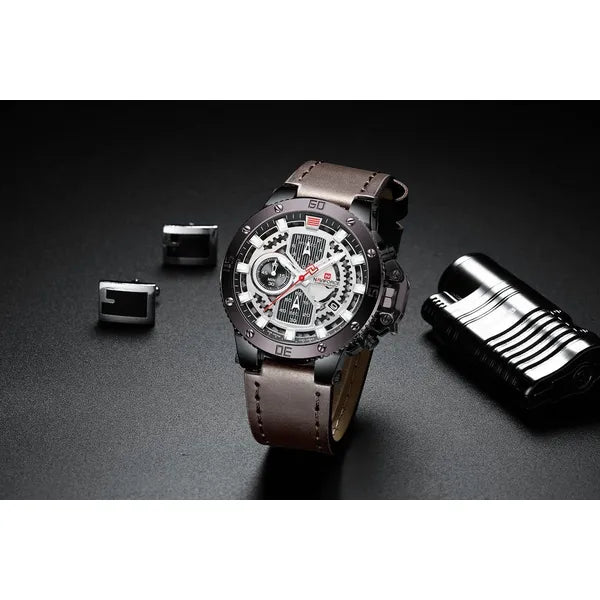 Naviforce férfi kronográf karóra, quartz, bőrszíj, fekete tok, WR30