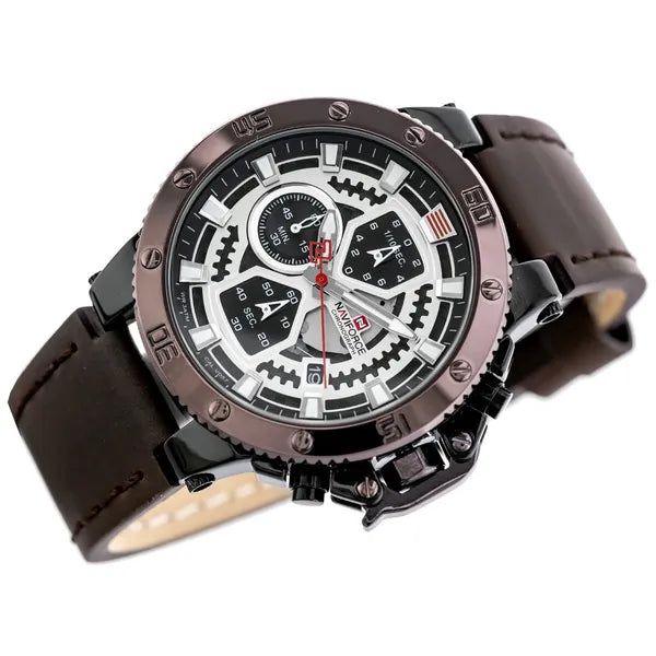 Naviforce férfi kronográf karóra, quartz, bőrszíj, fekete tok, WR30