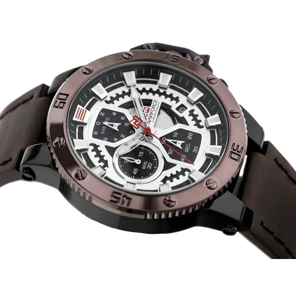 Naviforce férfi kronográf karóra, quartz, bőrszíj, fekete tok, WR30