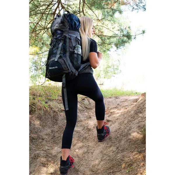 90 literes trekking hátizsák esővédő huzattal, szürke-kék, 25 kg