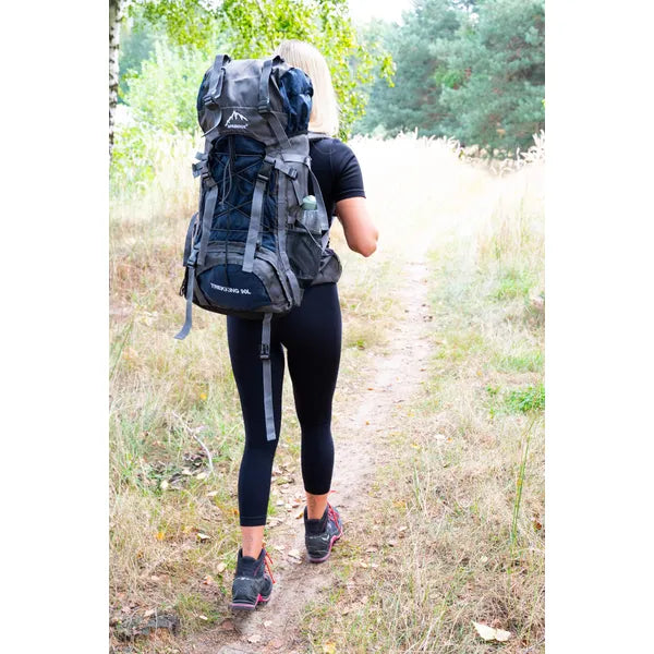 90 literes trekking hátizsák esővédő huzattal, szürke-kék, 25 kg