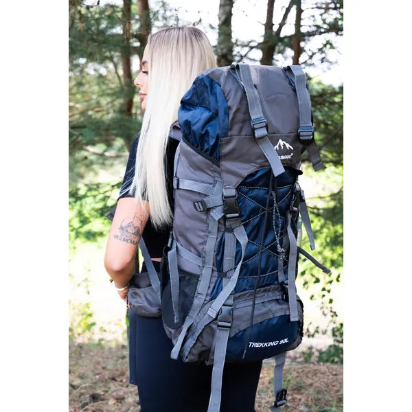 90 literes trekking hátizsák esővédő huzattal, szürke-kék, 25 kg