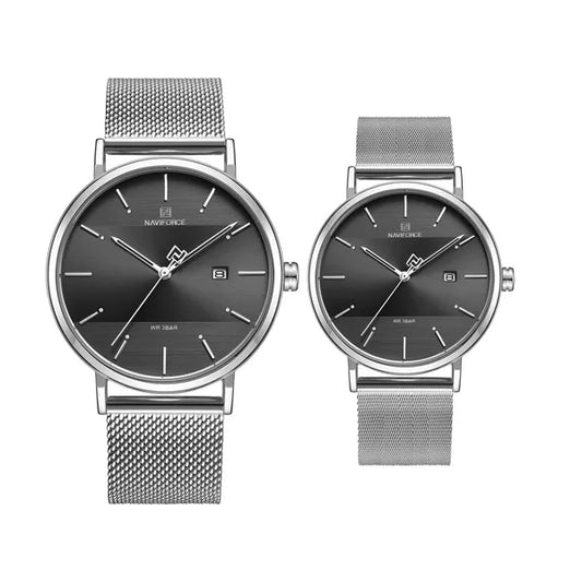 Naviforce NF3008G+L páros karóra szett, ezüst fémszíj, grafit számlap, quartz
