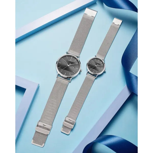 Naviforce NF3008G+L páros karóra szett, ezüst fémszíj, grafit számlap, quartz