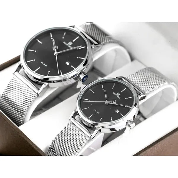 Naviforce NF3008G+L páros karóra szett, ezüst fémszíj, grafit számlap, quartz