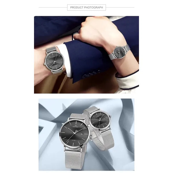 Naviforce NF3008G+L páros karóra szett, ezüst fémszíj, grafit számlap, quartz