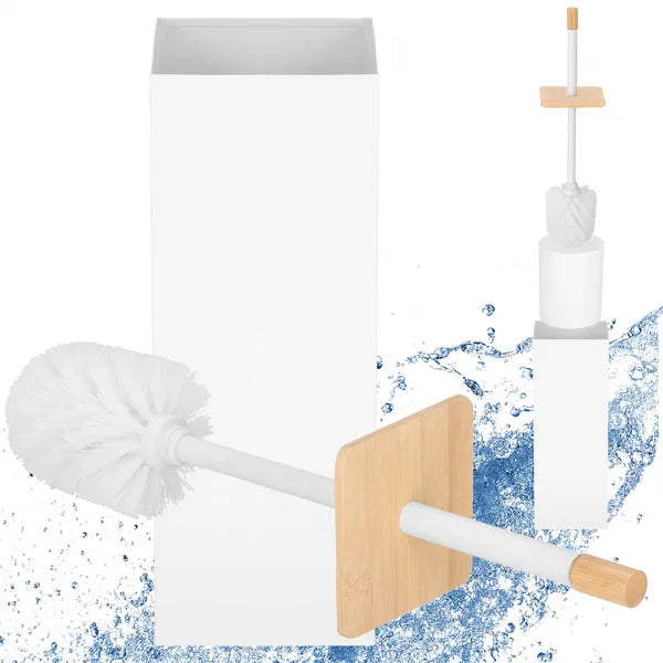 WC kefe fém tartóban bambusz fedéllel, fehér, 40 cm