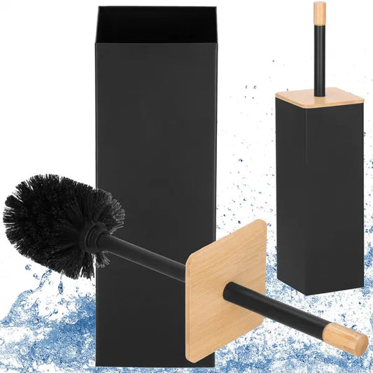 WC-kefe tartó bambusz fedéllel, fekete fém, 40 cm