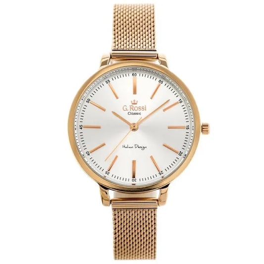 Női kvarc karóra rozéarany fém szíjjal, ezüst számlap, 34 mm