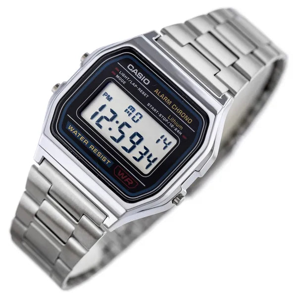 Casio A158WA-1D férfi digitális karóra, retro, ezüst acél, WR30, LED