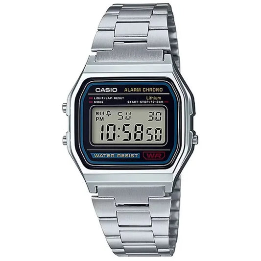 Casio A158WA-1D férfi digitális karóra, retro, ezüst acél, WR30, LED