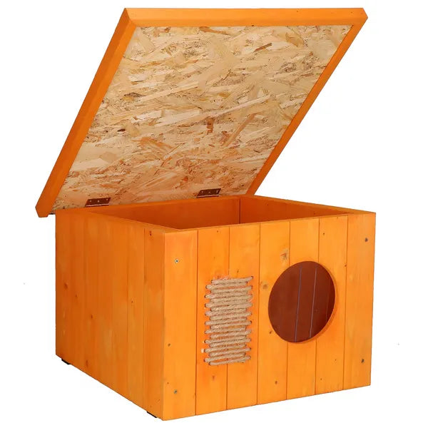 Teak fa macskaház nyitható lapos tetővel és kaparófával, 49x58 cm