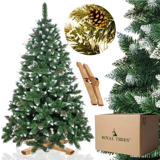 Prémium gyémántfenyő karácsonyfa, 220 cm, zöld-fehér PVC, tobozokkal