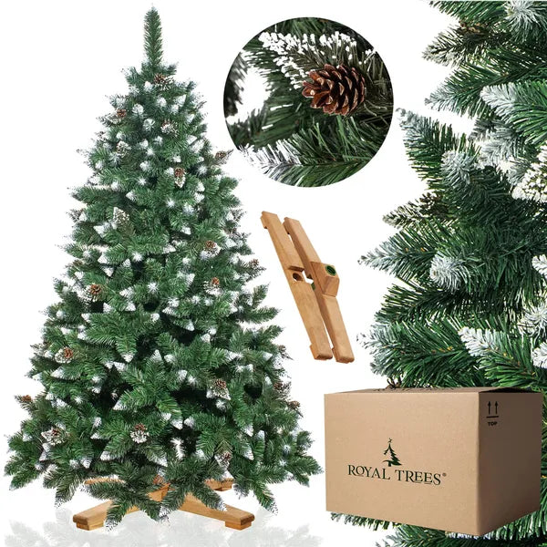 Prémium gyémántfenyő karácsonyfa, 220 cm, zöld-fehér PVC, tobozokkal