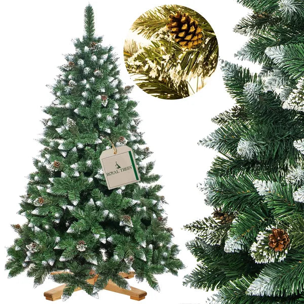 Prémium gyémántfenyő karácsonyfa, 220 cm, zöld-fehér PVC, tobozokkal