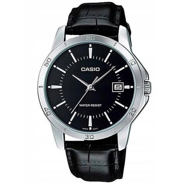 Casio MTP-V004L-1A férfi karóra, fekete számlap, bőrszíj, WR30