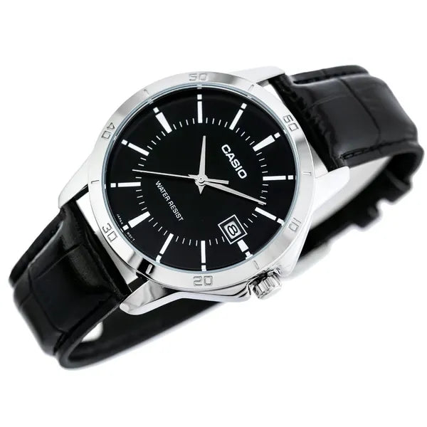 Casio MTP-V004L-1A férfi karóra, fekete számlap, bőrszíj, WR30
