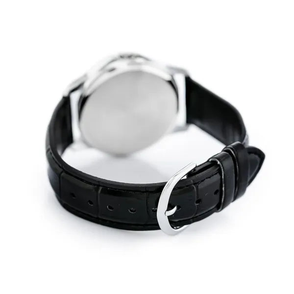 Casio MTP-V004L-1A férfi karóra, fekete számlap, bőrszíj, WR30