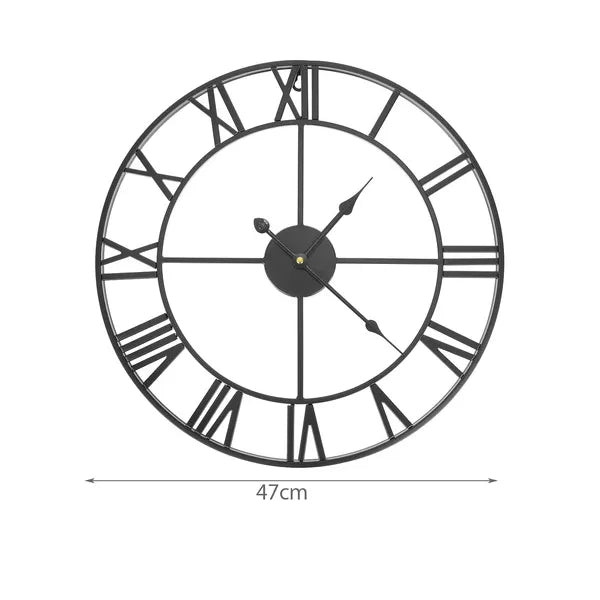 Fekete retro falióra, 47 cm, fém keret, római számok