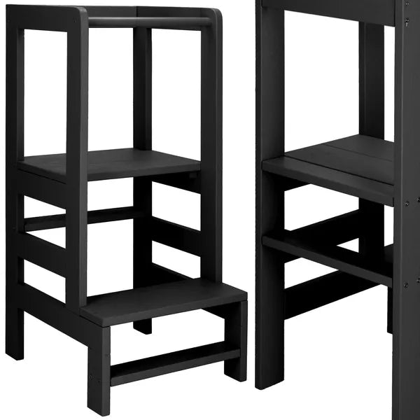 Fekete Montessori fellépő torony, állítható, fenyőfa, 90 cm