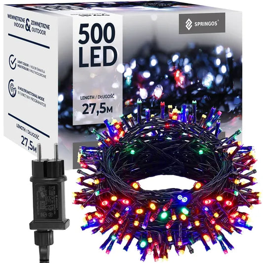 Multiszínű karácsonyi fényfüzér 500 LED, 27,5 m, kültéri-beltéri IP44