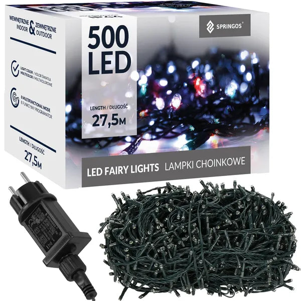 Multiszínű karácsonyi fényfüzér 500 LED, 27,5 m, kültéri-beltéri IP44
