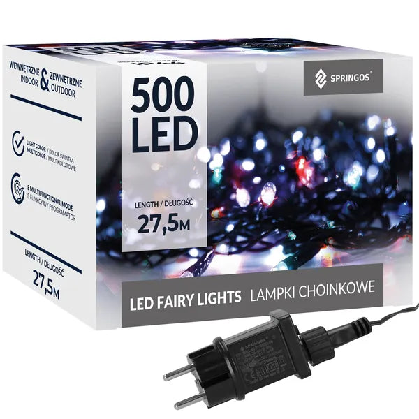 Multiszínű karácsonyi fényfüzér 500 LED, 27,5 m, kültéri-beltéri IP44