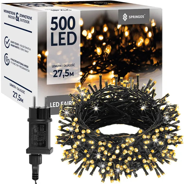 Karácsonyi LED fényfüzér 500 LED, meleg fehér, 27,5 m, IP44, 8 mód