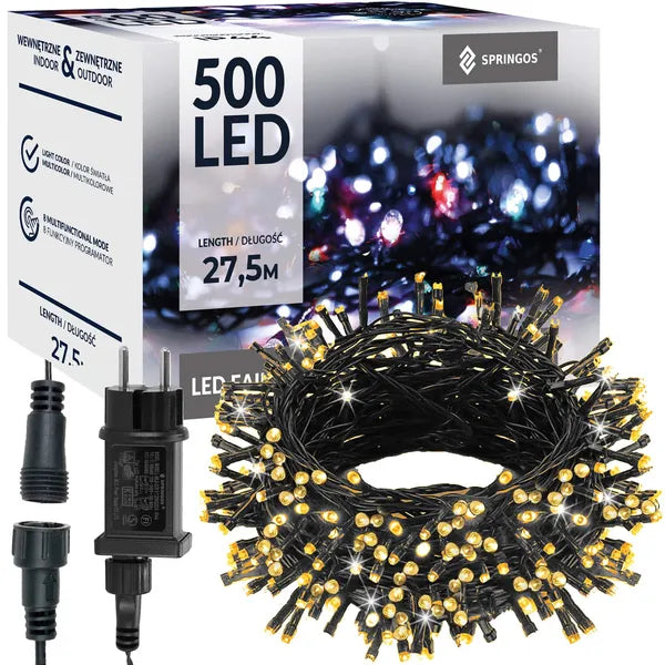 500 LED karácsonyi fényfüzér, 27,5 m, meleg+hideg fehér flash, IP44