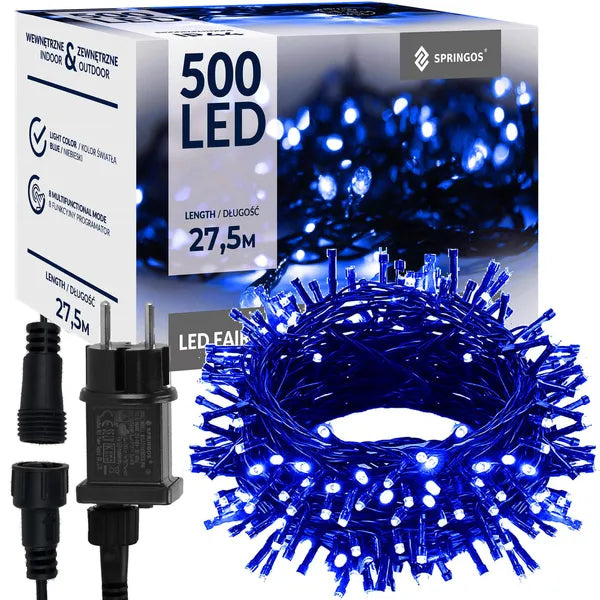 Karácsonyi fényfüzér 500 LED, kék, 27,5 m, 8 program, IP44, beltéri/kültéri