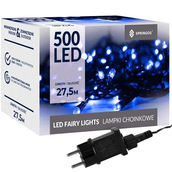 Karácsonyi fényfüzér 500 LED, kék, 27,5 m, 8 program, IP44, beltéri/kültéri