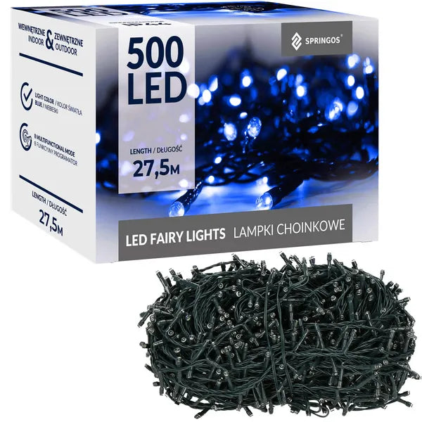 Karácsonyi fényfüzér 500 LED, kék, 27,5 m, 8 program, IP44, beltéri/kültéri