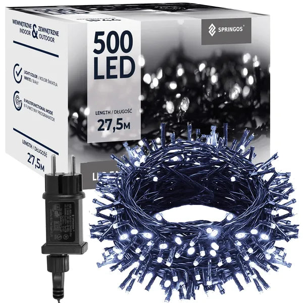 Springos® 500 led karácsonyi fényfüzér, hideg fehér, 27,5m