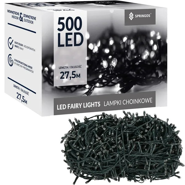 Springos® 500 led karácsonyi fényfüzér, hideg fehér, 27,5m