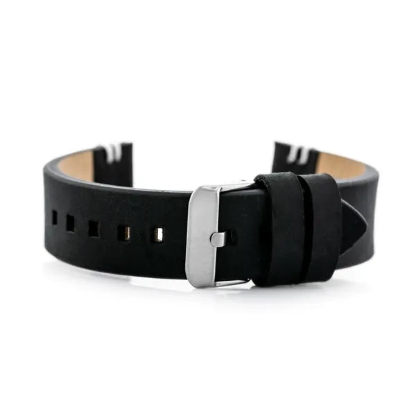 Fekete-fehér, természetes bőr óraszíj ezüst csattal, 22 mm