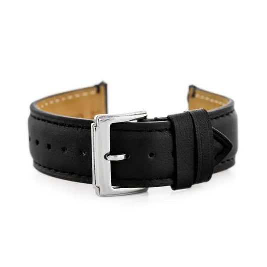 Fekete természetes bőr óraszíj, 22 mm, ezüst csat, W89