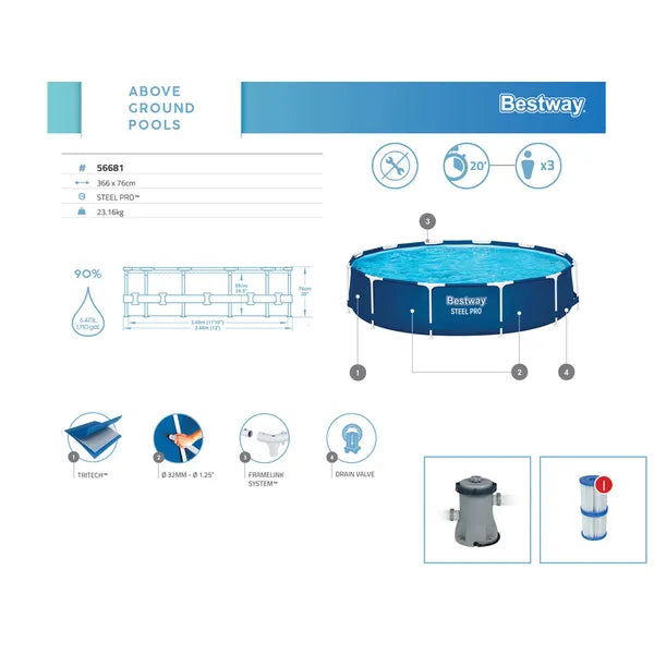 Bestway Steel Pro fémvázas medence 7 az 1-ben szett 366x76 cm 6473 l