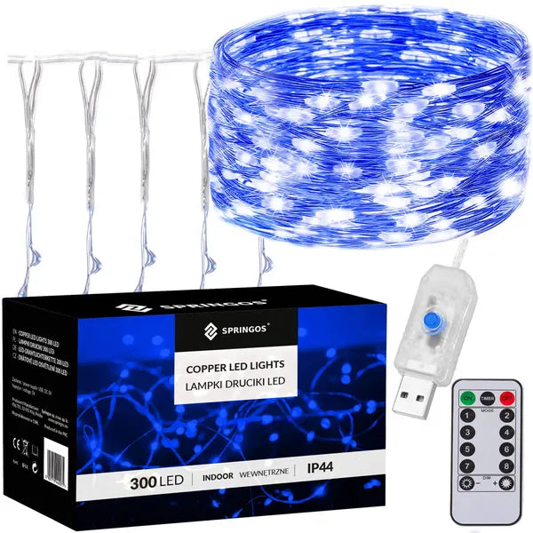Kék USB-s fényfüggöny, 300 LED, 3×3 m, távirányítóval, IP44