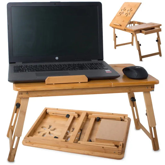 Állítható bambusz laptop asztal ágyra, fiókkal és szellőző nyílásokkal