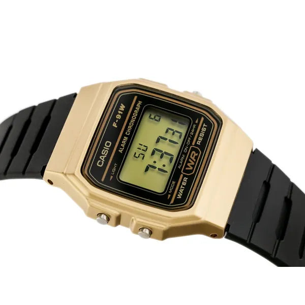 Casio F-91WM-9A férfi digitális karóra, arany tok, WR100