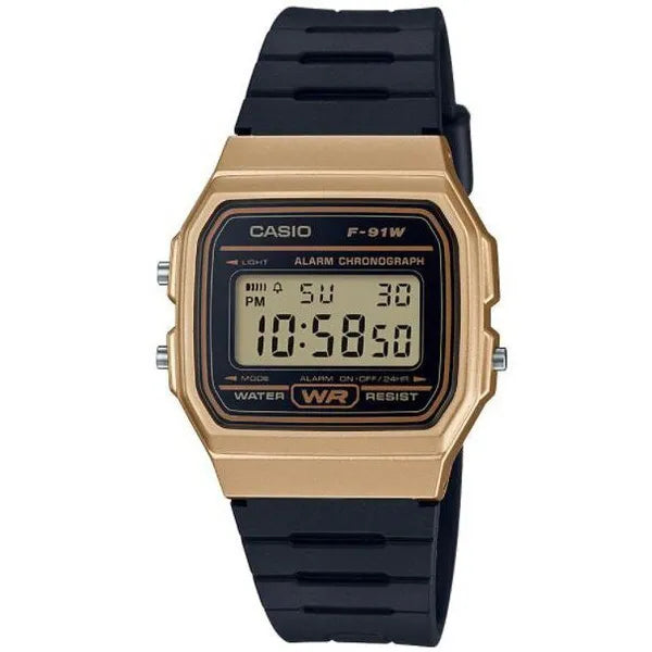 Casio F-91WM-9A férfi digitális karóra, arany tok, WR100