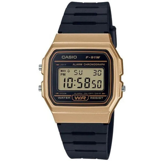 Casio F-91WM-9A férfi digitális karóra, arany tok, WR100
